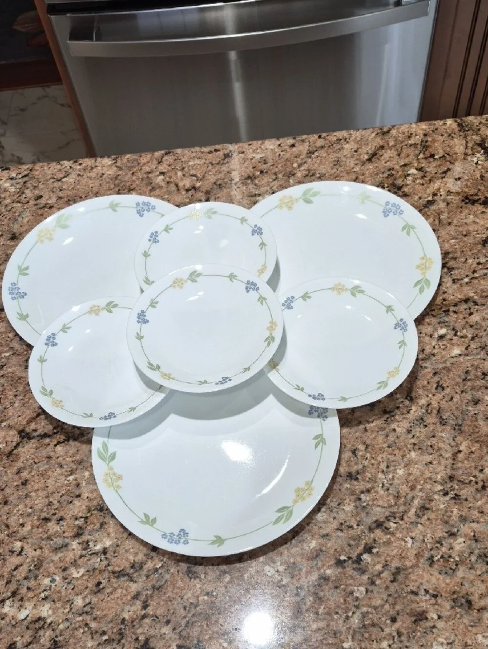 Corelle Secret Garden Dinnerware with Green Leaves and Blue & Yellow Flowers